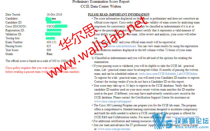 恭喜华尔思陈、马、袁&赵四位同学2016-10-16齐刷刷通过CCIE DC笔试。