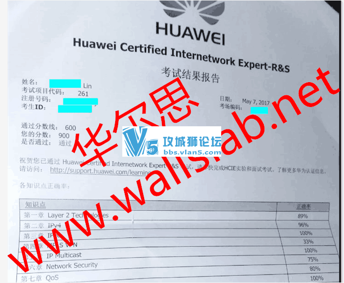 恭喜华尔思林同学&贾同学2017-5-7号 纷纷PASS HCIE  RS笔试