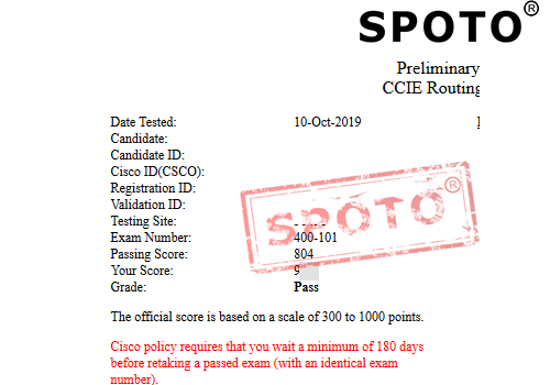 【SPOTO】最新CCIE RS笔试战况，恭喜八位思博学员 CCIE RS 笔试900+一次PASS哦！