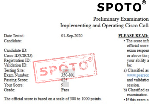 【SPOTO】恭喜一位思博在线学员8月31号PASS CCIE Colla 协作笔试(350-801)