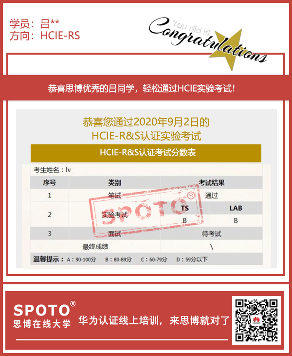 ��SPOTO����ϲ��ͬѧ9��02������PASS HCIE-RS LAB���ԣ�����