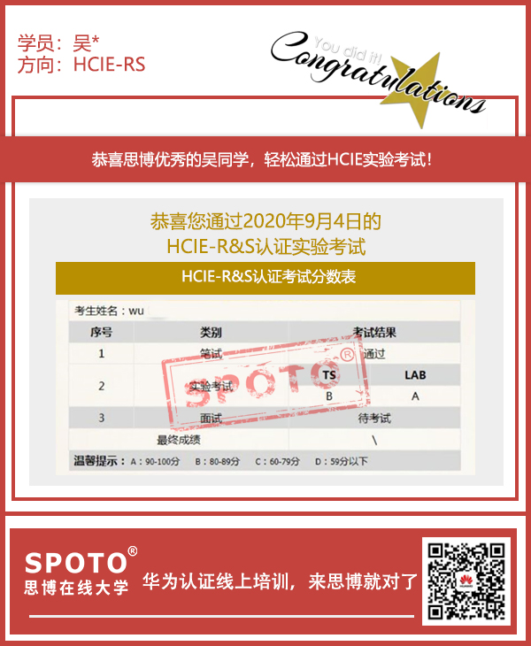 ��SPOTO����ϲ��ͬѧ9��04������PASS HCIE R&S Lab���ԣ���