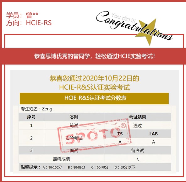 SPOTO˫115800ϲ˼ͬѧ1022 ˫A PASS HCIE R&Sʵ鿼 !