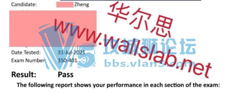 恭喜华尔思郑同学2021年7月31日PASS思科CCIE-EI笔试（350-401）！